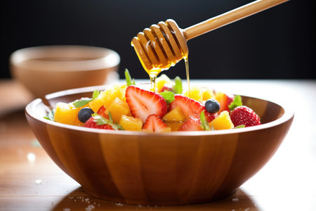 drizzle of honey over fruit salad in a wooden bowlの素材
