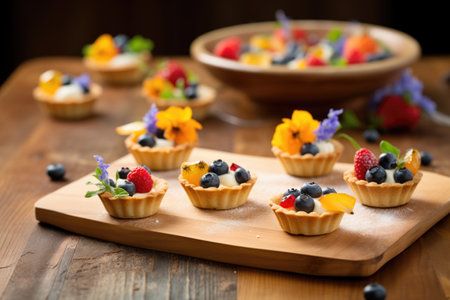 fruit tarts on wooden board, rustic cloth backdropの素材