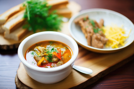 goulash soup with a crispy garlic baguette slice on the sideの素材