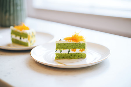 matcha green tea cake slices on a white plateの素材