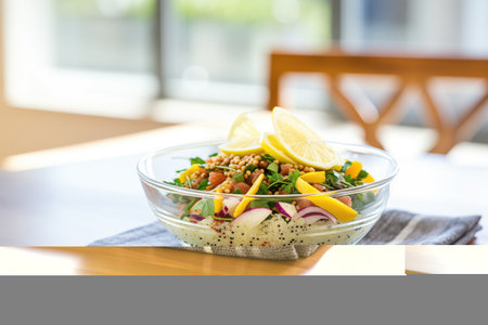 quinoa salad in glass bowl with lemonの素材