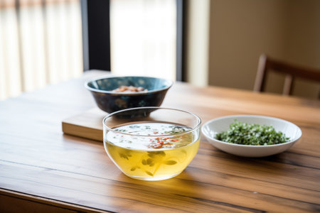 miso soup in glass bowl, contrasting wooden tableの素材
