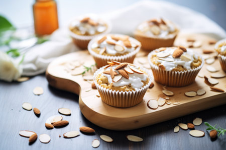 almond muffins with sliced almonds and icingの素材