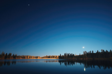 moonlit lake with clear night skyの素材