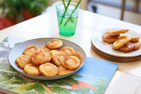 open cookbook with palmier recipe beside fresh palmiersの素材