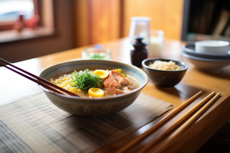 ramen with miso broth and corn, wooden table setupの素材