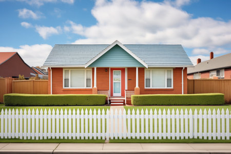 red brick bungalow with a manicured lawn and a white picket fenceの素材
