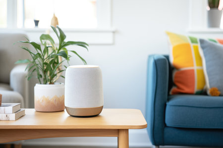 voice activated smart speaker on a living room tableの素材