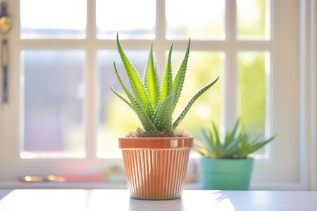 potted aloe plant on a sunny windowsillの写真素材