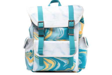 teal backpack with padded straps, threequarter view, whiteの写真素材
