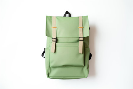 green canvas backpack flat lay on white surface