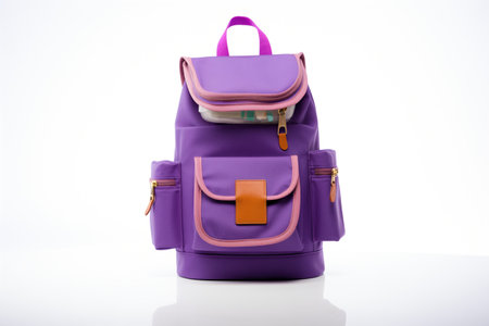 small purple backpack, front pocket detail, on whiteの写真素材