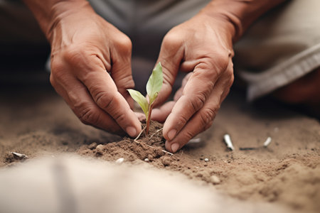 hands planting a droughtresistant saplingの写真素材
