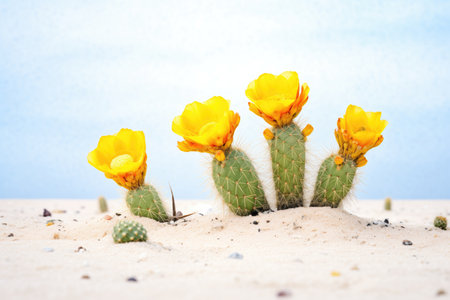 opuntia cactus with bright yellow blooms in desert