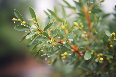 creosote bush with raindrops on leaves
