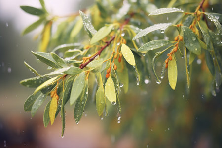 creosote bush with raindrops on leavesの写真素材