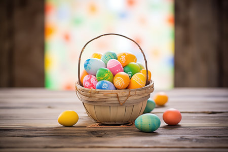 basket overflowing with colorful eggs on a rustic wooden table