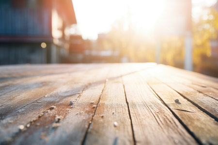 sunlight shining on a weathered wooden boardwalk
