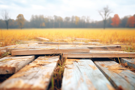 pile of weathered planks in a fieldの写真素材