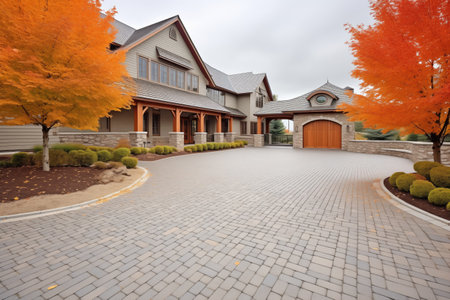 cobblestone driveway leading to luxury homeの写真素材