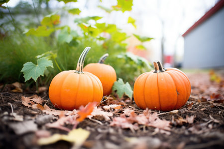 pumpkins in a patch with crisp, fall leaves around
