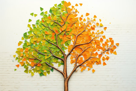 a tree with half green, half orange leavesの写真素材