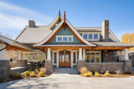 shingle style mansion with stone chimney and entranceの写真素材