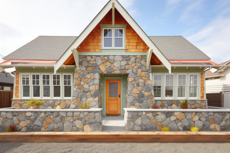 front gable view of shingle house with stone groundworkの写真素材