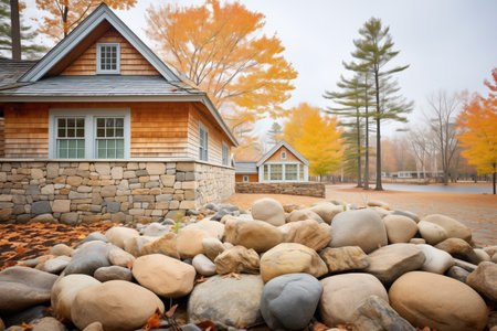 secluded shingle house with stone foundation in the woodsの写真素材