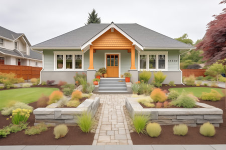 shingle style bungalow with stone foundation and front garden