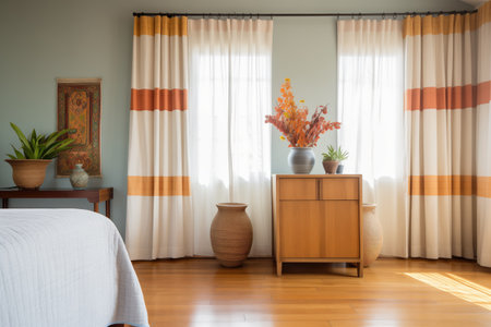 bedroom with terracotta vases and spanish linen curtainsの写真素材