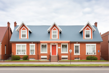 redbricked colonial facade with contrasting dormersの写真素材