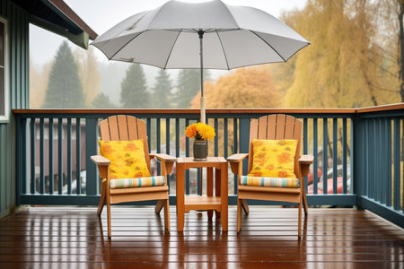 rainy day, wet wooden deck of a cabin balcony with chairsの写真素材