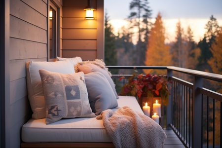 evening shot of cabin balcony with soft throw pillowsの写真素材