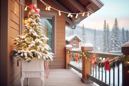 snowcovered cabin balcony with festive garlandの写真素材