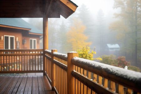 foggy morning, dew on log cabin balcony railingの写真素材