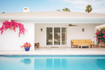 poolside view of white stucco home with bougainvilleaの写真素材