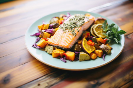 baked salmon with a side of colorful roasted roots
