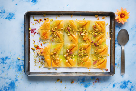 overhead shot of baklava in a baking tray