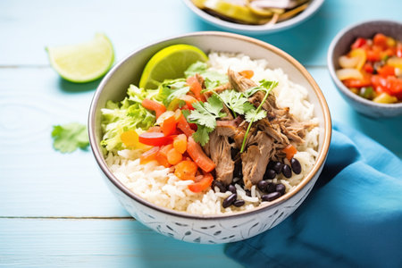overhead shot of carnitas burrito bowl with rice and beansの写真素材