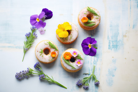 donuts decorated with edible flowers, soft lightingの写真素材