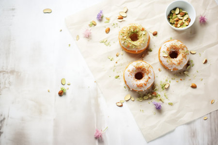 donuts with icing and nuts, placed on parchment paperの写真素材