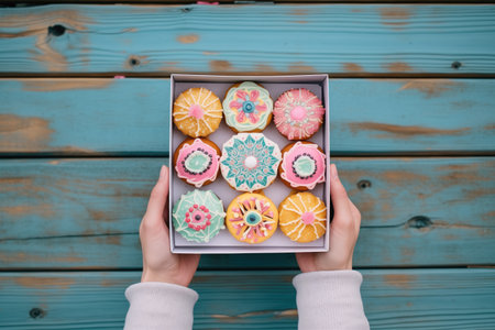 person holding a box of colorful donuts, top viewの写真素材