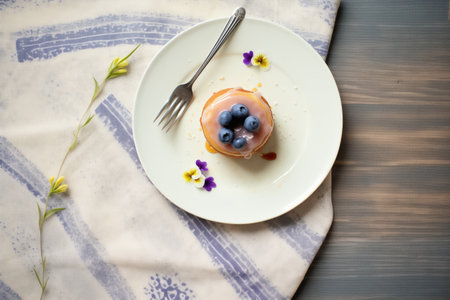 a single donut with blueberry glaze on a napkinの写真素材