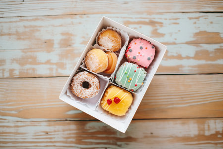 assorted mini donuts in a paper box