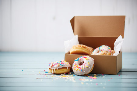 donuts in a paper takeaway boxの写真素材