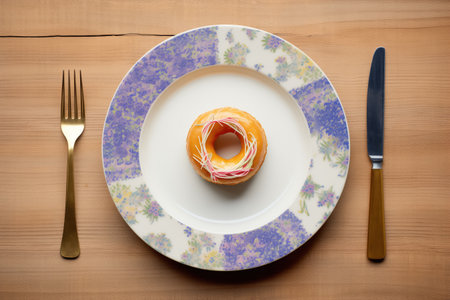 single donut on a small plate with a fork beside itの写真素材