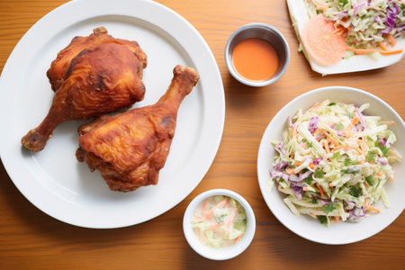 top view of fried chicken meal with coleslawの写真素材