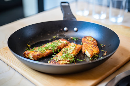 close-up of halloumi in a non-stick pan with golden crustの写真素材