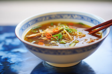 close-up of hot and sour soup with vibrant red broth